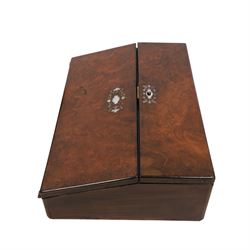 19th century burr-walnut writing slope, with inlaid mother-of-pearl decoration, fitted interior and two inkwells, together with a  parquetry writing slope, H16cm