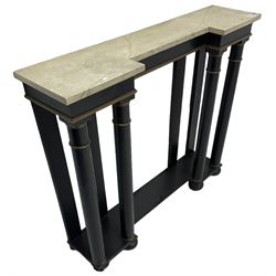 Italian design ebonised reverse-breakfront console table, painted simulated marble top over ebonised pilasters with gilt piping, platform base on compressed bun feet