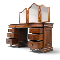 Willis & Gambier - cherrywood dressing table with mirror and stool, three-part mirror on turned uprights with finials, rectangular top above three cushion-moulded frieze drawers, twin pedestals each fitted with three graduated drawers, panelled sides and stepped plinth bases, stool with turned supports and padded seat