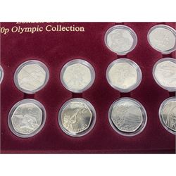 Queen Elizabeth II United Kingdom London 2012 Olympic commemorative fifty pence collection comprising twenty-nine coins, housed in unofficial display case