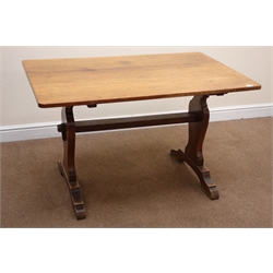  Oak rectangular stretcher table, shaped solid end supports, arched sledge feet joined by single stretcher, W121cm, H72cm, D76cm  