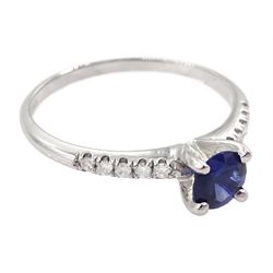 White gold round cut sapphire ring, with diamond set shoulders, hallmarked 14ct, sapphire approx 0.50 carat