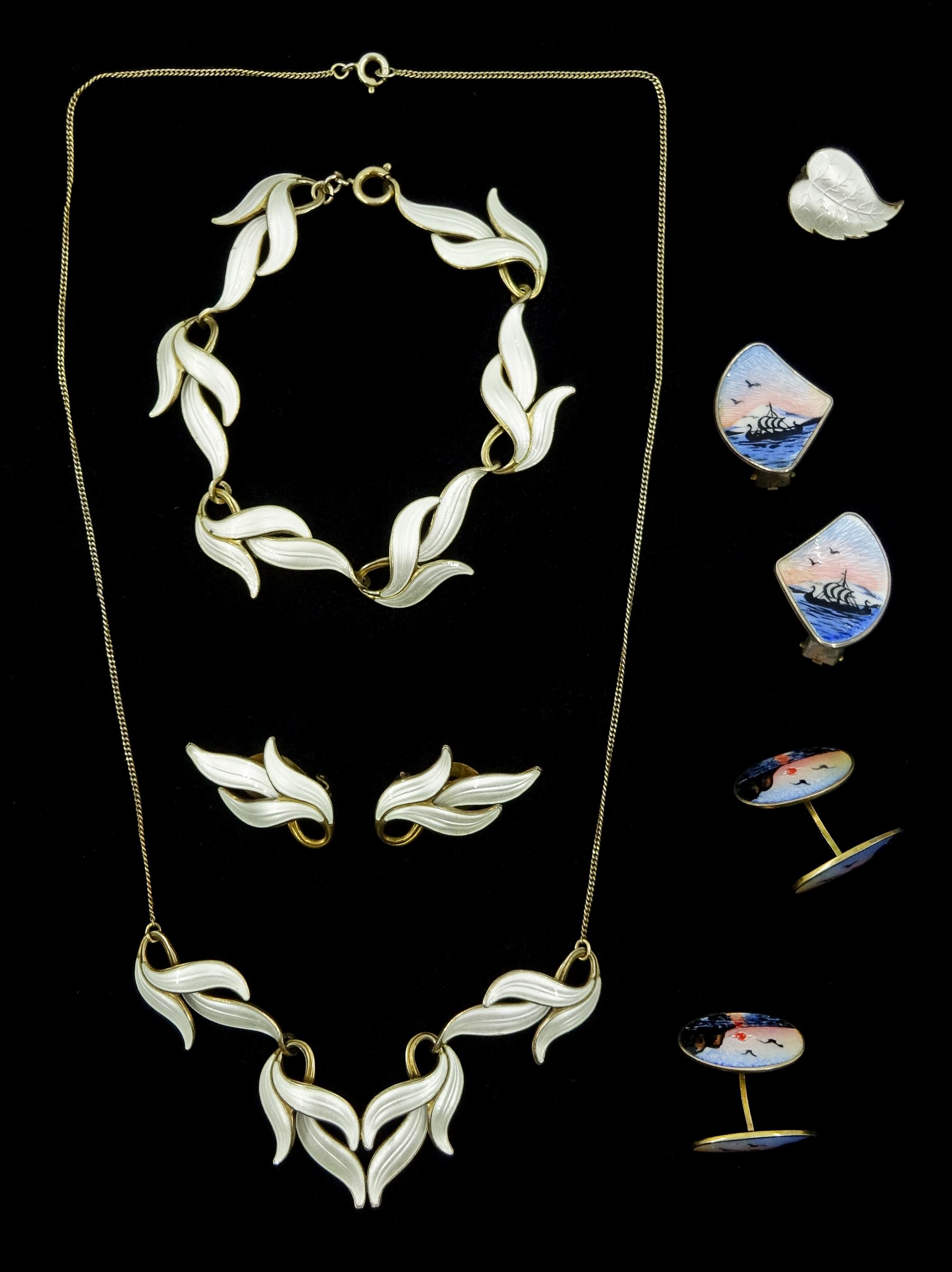 Scandinavian silver white enamel leaf design necklace, matching clip-on earrings and bracelet, pair of enamel Viking ship clip-on earrings, pair of cufflinks and a single clip on earring