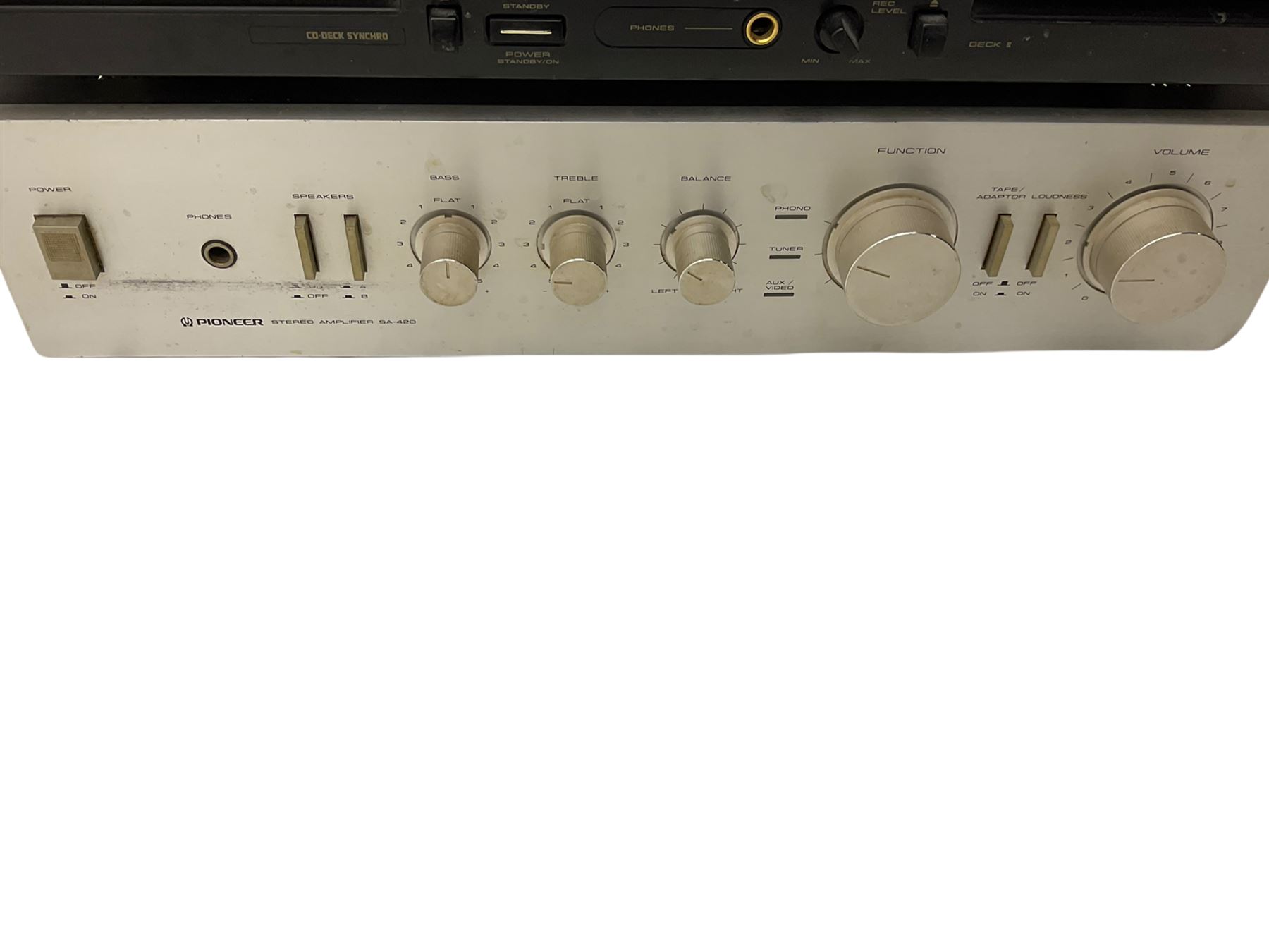 Rotel record player with pioneer amps and cassette deck with a pair of Wharfdale speakers