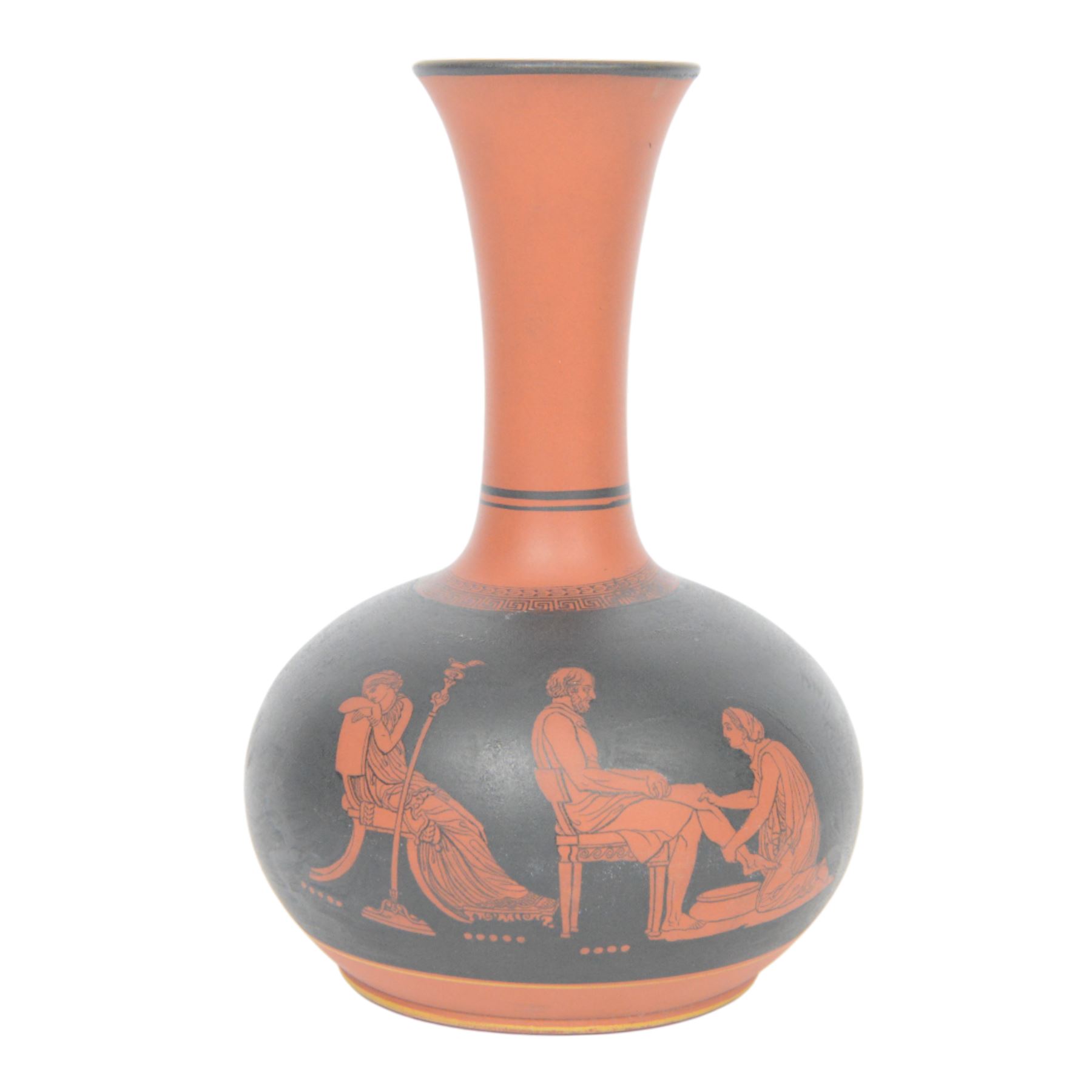 Bishops Waltham vase, of squat baluster form with elongated fluted rim, decorated with classical figures and Greek key banding, H21cm