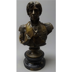  Large bronze bust of Nelson on black marble circular base, inscribed Nelson with additional plaque to base H37cm  