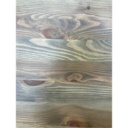 Pine kitchen dining table, rectangular moulded top on painted base, square tapering supports (180cm x 85cm, H78cm); and two matching benches 