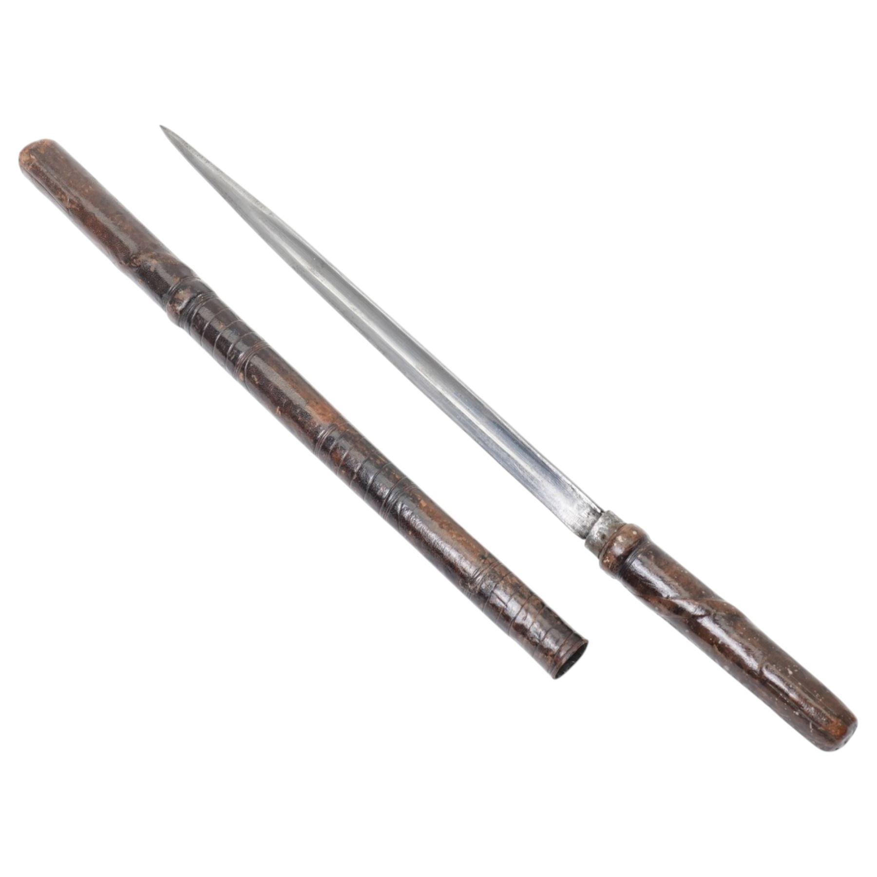 Early 20th century leather covered swagger sword stick, blade length 27cm, overall length 44cm