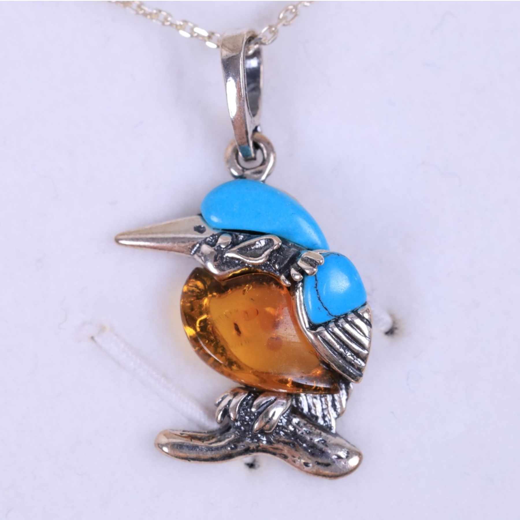 Silver amber and tortoise shell Kingfisher pendant necklace, boxed