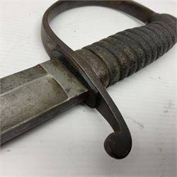 Mid-19th century Prison Officer's sidearm, the 55cm slightly curving fullered blade double edged at tip by Parker Field & Sons 233 Holborn London inscribed 'Brixton Prison',  steel knucklebow and downswept quillon marked 18(?81), stepped pommel and ribbed fishskin grip; in leather covered scabbard with steel mounts marked with broad arrow and '14'  L69.5cm overall