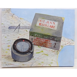  RAF Compass and East Yorkshire Map, oil on canvas signed by Don Micklethwaite (British 1936-) 40cm x 51cm unframed  