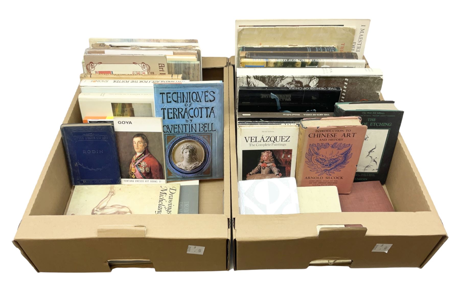 Collection of reference books, to include The art of Etching, Introduction to Chinese art, The History and Techniques of the Great Masters, Drawings of Michelangelo, etc in two boxes 