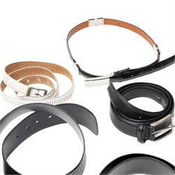 Collection of belts, including white Nike Golf leather belt with oval green and silver Nike swoosh buckle, white Nike leather belt in perforated pattern, black Aigner crocodile-embossed leather belt with large gold buckle, black Jaeger quilted leather belt with rectangular gold buckle, etc (10)
