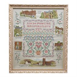 20th century needlework sampler depicting panels of famous historical author's and their houses, to include: Shakespeare, Beatrix Potter, George Eliot, Thomas Hardy, the Bronte Family, D H Lawrence and Wordsworth 54cm x 46cm