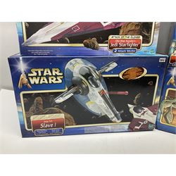 Star wars - Attack of the Clones - Jango Fett Slave 1; Obi-Wan Kenobi's Jedi Starfighter; Reek Arena Battle Beast; Acklay Arena Battle Beast; two x Anakin Skywalker Speeder; and Zam Wesell Speeder; all in sealed boxes (7)