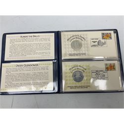 The Royal Mint United Kingdom 1984 brilliant uncirculated coin collection, 1997 and 2001 commemorative crown coins, 1997 old round one pound, all in card folders and four sterling silver medallic first day covers from the 'Great Britons' collection housed in a blue folder