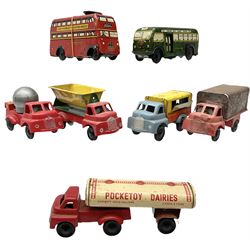 Wells Brimtoy/Pocketoy - seven tin-plate and plastic clockwork or friction-drive  vehicles comprising Milk Tanker, Greenline Coach, Liquid Oxygen Wagon, Side-Tipping Wagon, Snacks Van with drop-down counter, London Trolley Bus and covered wagon; all unboxed (7)