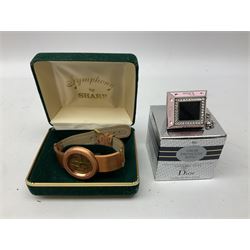 Silver smoky quartz hinged bangle, stamped 925, three silver Ecclissi ladies wristwatches, stamped 925, on leather straps, seven wristwatches and a collection of costume jewellery, in modern jewellery boxes, Walker & Hall silver plate spoons and sugar tongs, cased etc