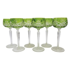  Set of six lime green overlay cut hock glasses, faceted stems and star cut base, H19.5cm (6)  