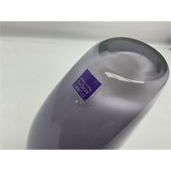 Stuart Akroyd glass vase, green banded top and opaque purple lower section with bubble inclusions, with sticker and engraved signature beneath, H25cm