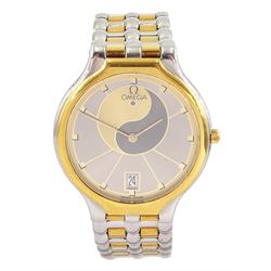 Omega De Ville gold and stainless steel quartz wristwatch, Cal. 1436, grey and champagne Yin Yang dial, with date aperture at 6 o'clock, on integrated Omega gold and stainless steel bracelet strap, with fold-over clasp