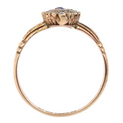 Edwardian 9ct rose gold marquise shaped blue and clear paste stone set ring, Birmingham 1907