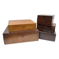 Collection of 19th century and later boxes for restoration, to include a mother of pearl inlay example, oak canteen, large mahogany example etc