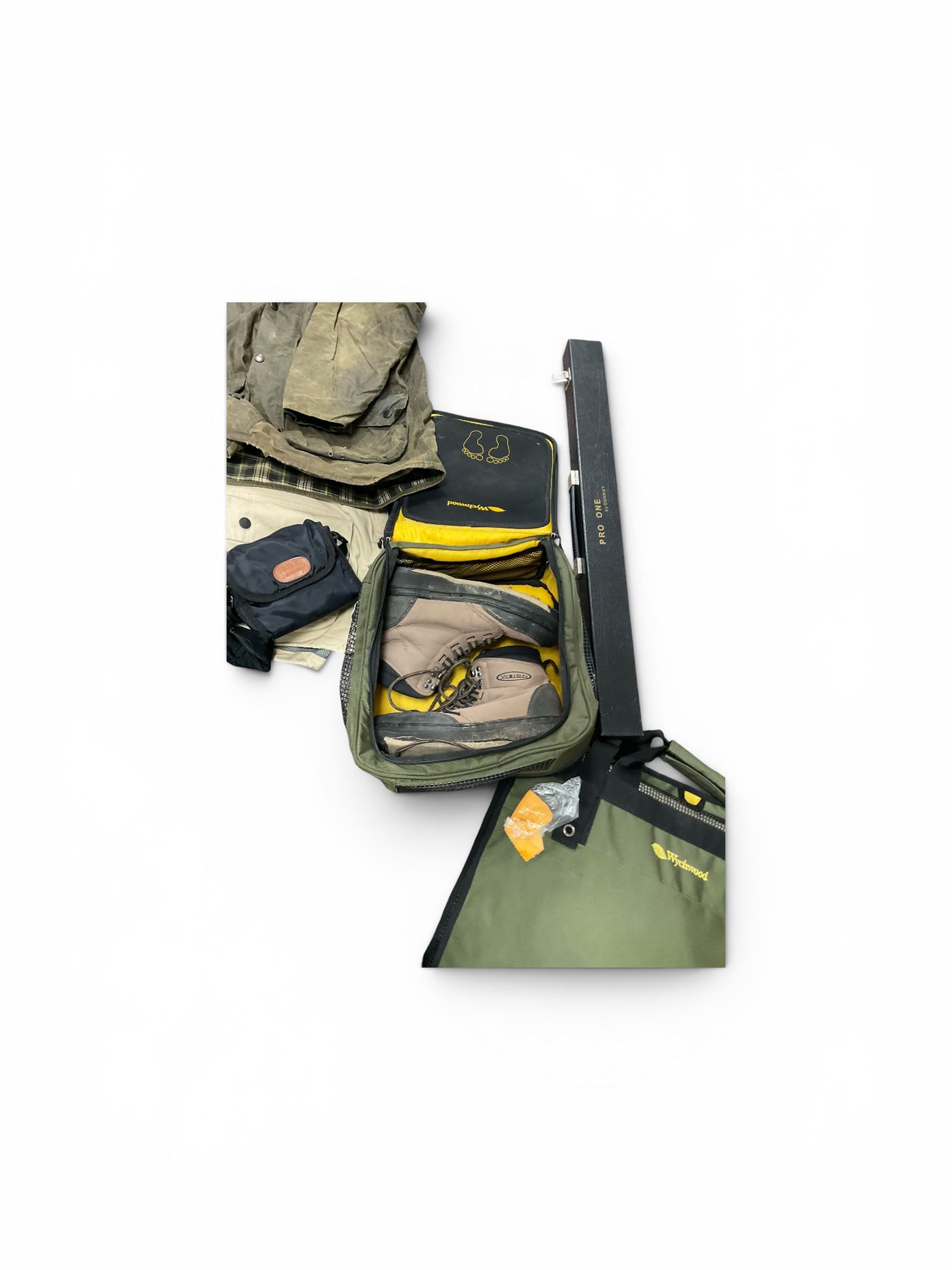 Barbour jacket, together with another jacket, Clyde Valley Gillet, Vision boots and Wychwood shoe box and bag  