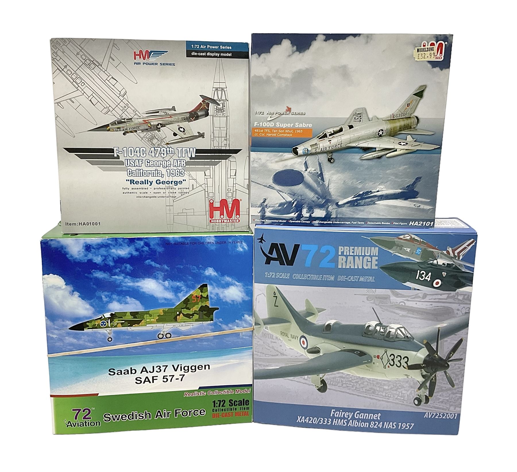 Four 1:72 scale model airplanes comprising two Aviation 72 models AV7242001 Sweden Air Force Saab AJ37 Viggen SAF 57-7 and AV7252001 Fairey Gannet; and two HobbyMaster models HA01001 and HA2101; all in original boxes