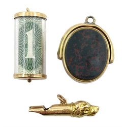 10ct gold bloodstone and agate swivel fob stamped, gold dog whistle charm and gold money charm, both hallmarked 9ct 