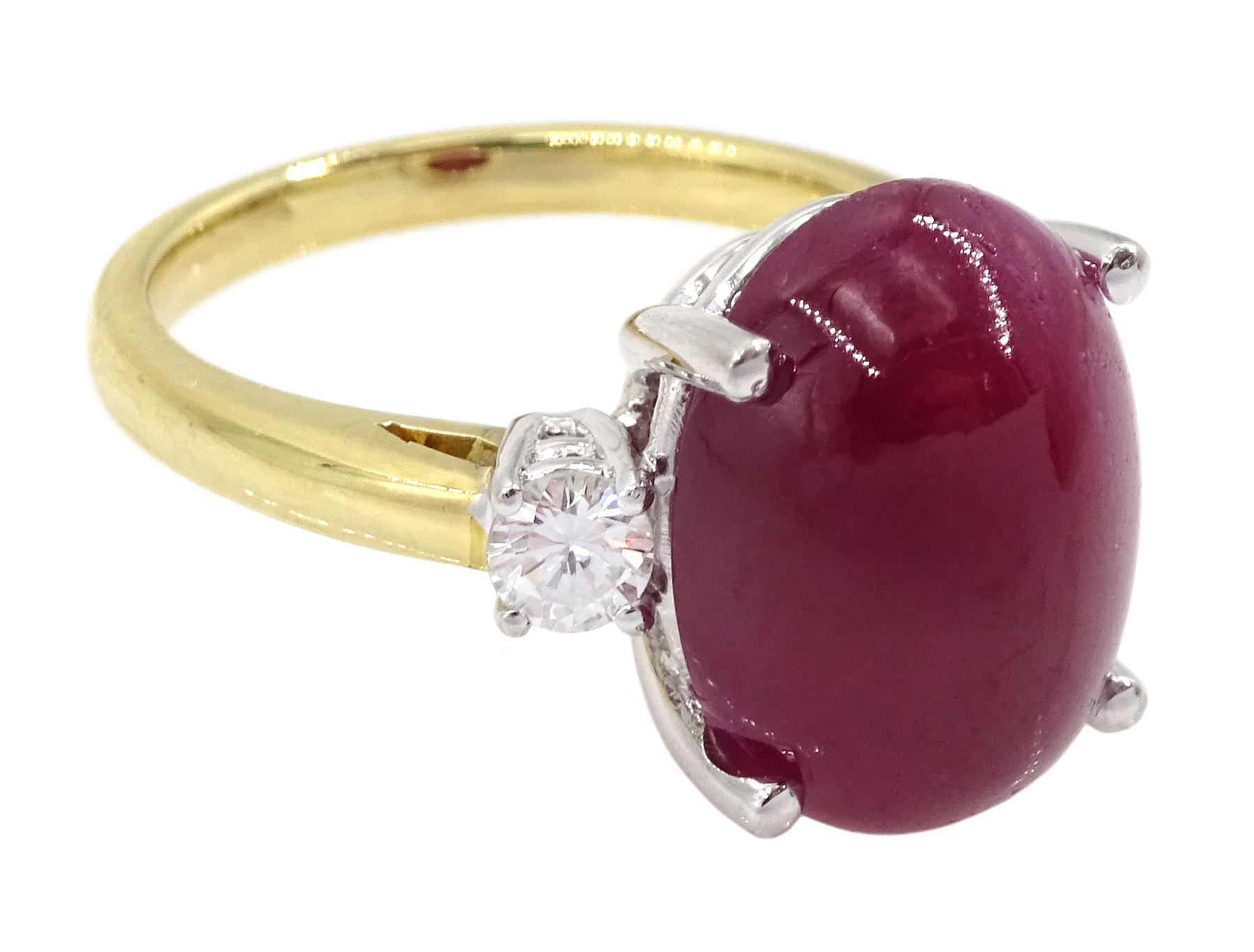 18ct gold three stone cabochon ruby and round brilliant cut diamond ring, hallmarked, ruby approx 11.40 carat