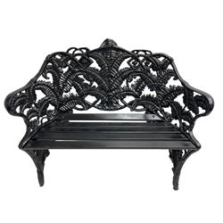 Coalbrookdale - black painted cast iron 'fern' pattern garden bench, decorated with trailing fern leaves, mahogany slatted seat