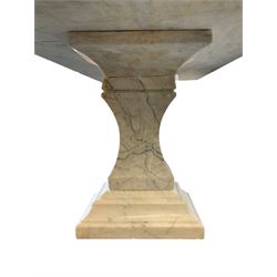 Classical Grecian design Carrera marble centre table, the rectangular single slab top with rounded corners and carved edge, raised on twin pedestals comprised of three pieces with a waisted column on a stepped plinth