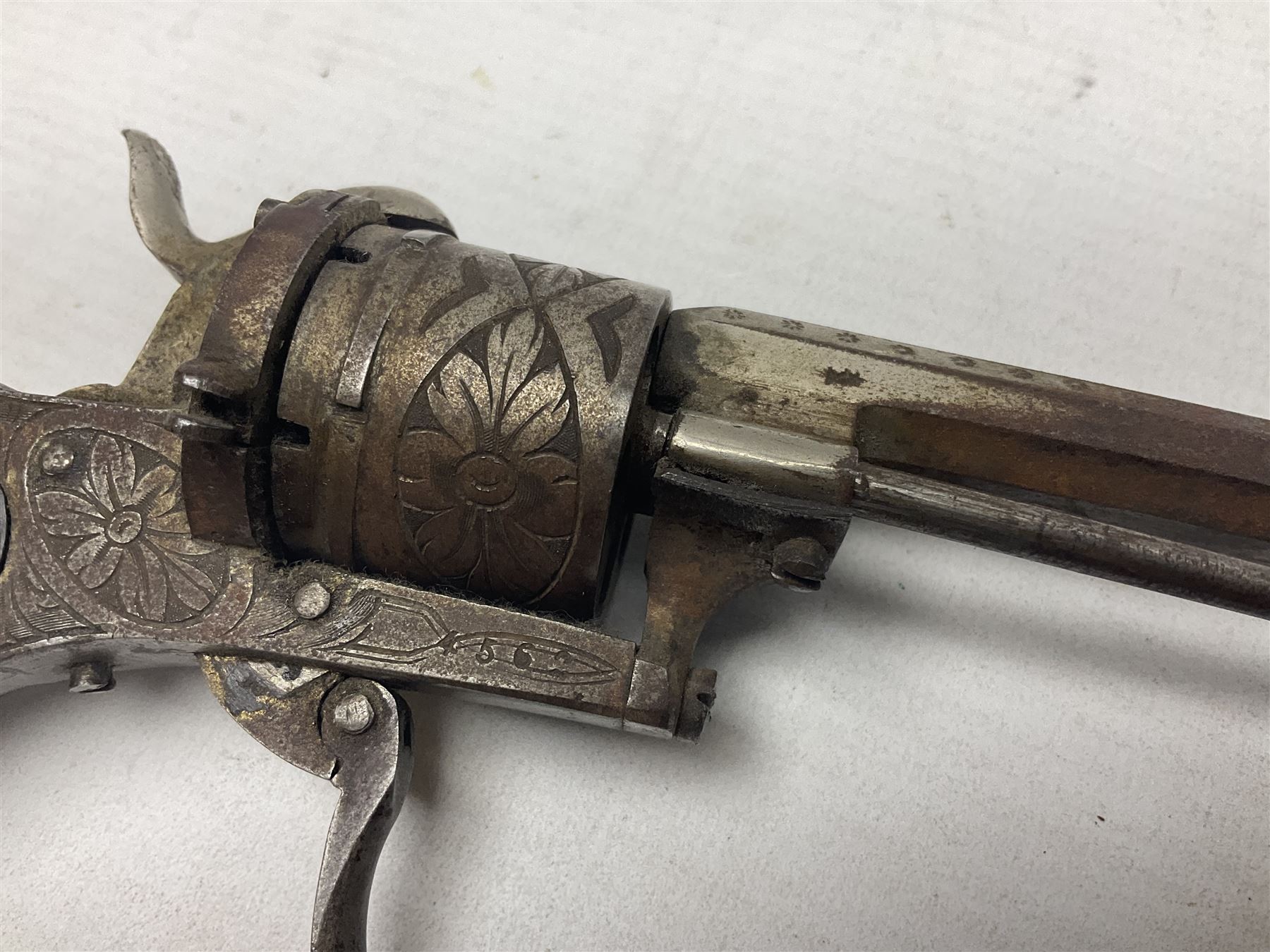 19th century Belgian 7mm pin-fire six-shot revolver with engraved action, folding trigger and ornate grips, ELG proof marks, No.4562 L20cm