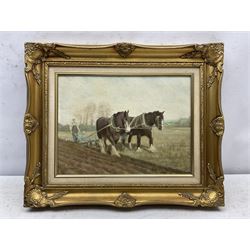 J Blackman (20th century): Heavy Horses Ploughing, oil on canvas board signed 29cm x 39cm