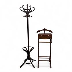 20th century stained hardwood coat stand and gentleman’s valet stand, the coat stand of be...
