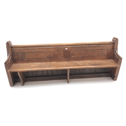  Victorian pine pew, shaped solid end supports (W235cm) provenance St Georges Church, Worcester  