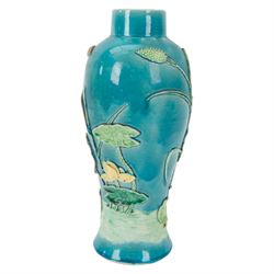 19th century Chinese porcelain vase, of baluster form decorated in relief with wading crane amongst pond lillies upon a turquoise ground, with Wang Bing Rong seal mark beneath, H26cm 
