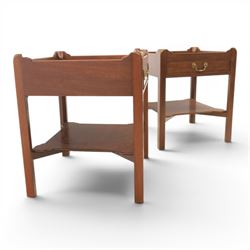Georgian style pair of mahogany lamp tables, each with three-quarter gallery top above a single frieze drawer with brass swan neck handle, on square tapering supports united by an undertier