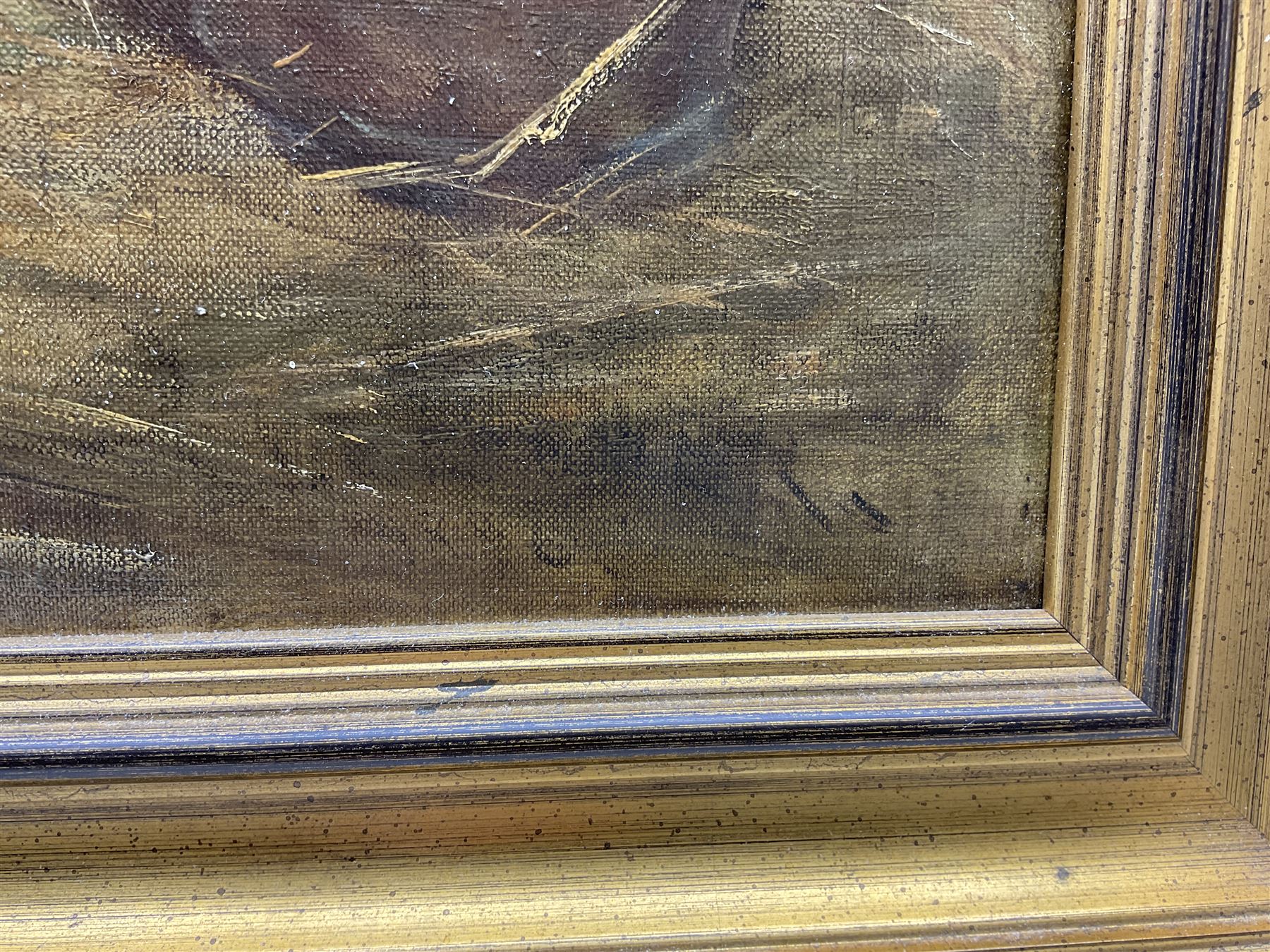 J E M (Early 20th century): Portrait of a Bay Hunter in Stable setting, oil on canvas signed with initials on the water bucket 72cm x 82cm 