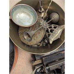 Large copper pan, brass jam pan, balance scales and weights, typewriter, leather suitcase and other metal ware
