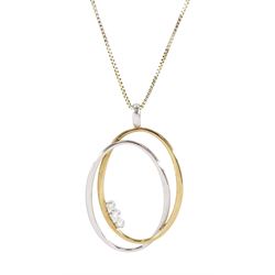 9ct white and yellow gold three stone diamond pendant, on 9ct gold box link chain necklace, stamped 375