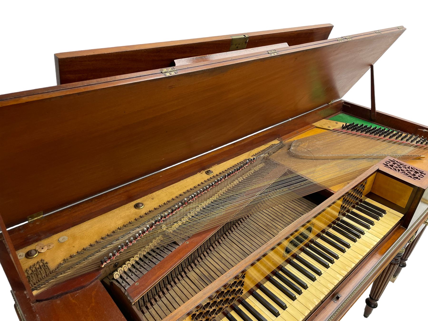 James Rigg, London -early 19th century mahogany and maple square piano c1817, with a 68 key compass (A-C) original hammers, jacks and felt, satinwood interior with ebony and ivory keys, the fretwork interior back inscribed 'James Rigg, 3 Providence Row, Finsbury Square, London', decorated with twist gilt metal edging, fitted with three drawers, on Gillows design turned and reeded supports with brass cups and castors.

This item has been registered for sale under Section 10 of the APHA Ivory Act
