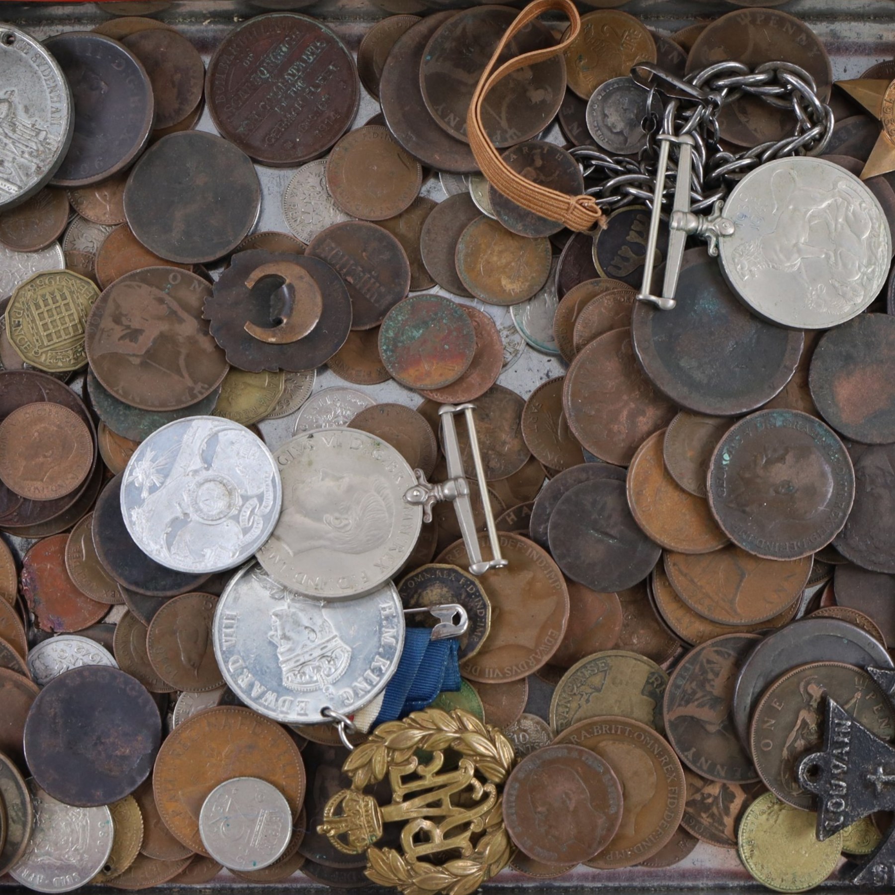 Silver Bravington's pocket watch, collection of Great British and World coins, including approximately 80 grams of pre-1947 silver, silver Cycling Touring badge with token and medals including WWII star and Defence Medal