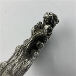 Victorian silver walking cane handle, modelled as a panther upon a tree branch, hallmarked London 1851, maker's mark worn and indistict