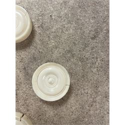 19th century walnut and brass bound games compendium box, painted to enhance the grain, of rectangular form, the hinged opening cover with rounded sides, central brass cartouche with engraved lion crest, and brass riveted straps, opening to reveal a red leather and blue silk lined compartmented interior, with fold-down games board, and lift-out tray containing playing cards, ebony turned dice towers, white and red stained bone draughts, and chess pieces, ivory dice, and ivory and ebony whist markers, and brass bezique board, cribbage board and markers, H15cm W32cm D24cm
This lot has been registered for sale under Section 10 of the APHA Ivory Act