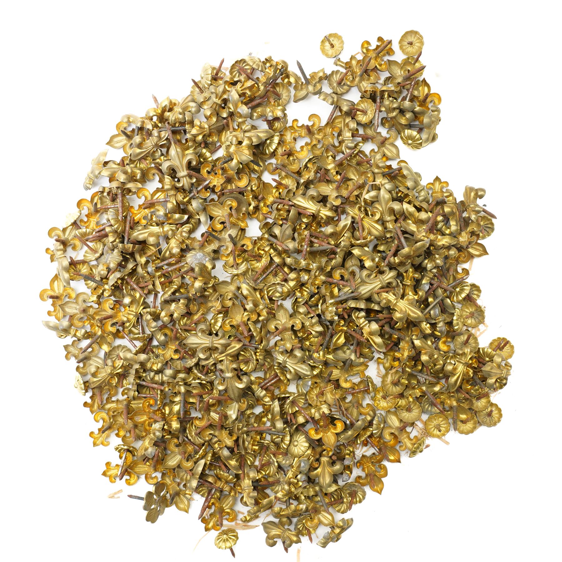 Large quantity of Victorian brass upholstery pins with rosette and fleur de lis designs 
Provenance: property of a Nobleman