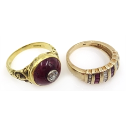  18ct gold amethyst and diamond shield ring and a 9ct gold ruby and diamond baguette ring, both hallmarked  