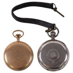 German silver beaker (800 standard), silver plated trophy cup, silver pocket watch, gold plated screw back pocket watch, five silver shilling coins, and some further coins