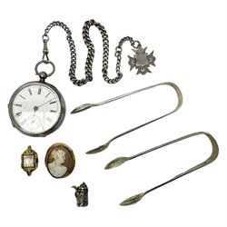 Edwardian silver open face lever pocket watch, case by Alfred Wigley, Birmingham 1901, on silver tapering Albert chain, 14ct gold ladies manual wind wristwatch, two pairs of silver sugar tongs by Francis Higgins II, London 1880, silver charm and a 9ct gold cameo